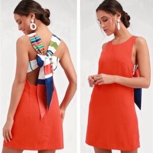 NWT Joyful Red Orange Multi Stripe Tie-Back Mini Dress from Lulus. Size M.